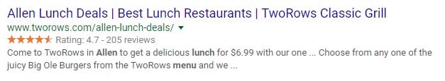 TwoRows Restaurant Ratings in Google Search Results
